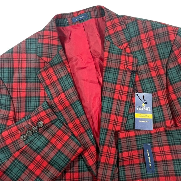 Stafford Other - Stafford Tartan Sport Coat Mens 42R Red Green Plaid Wool Blend Classic Blazer